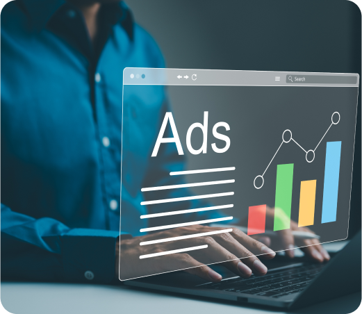 Ad on website and social media with a marketer analysing online advertising campaigns and performance metrics on a laptop.